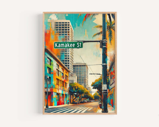 Kamakee St Print - Oahu Wall Art, Honolulu Travel Poster, Hawaii Home Decor, Housewarming Gift, Tropical Island Map, Beach Vacation Print