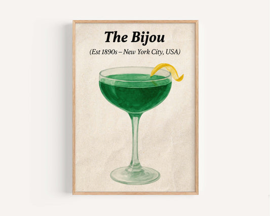 Bijou Cocktail Art Print Vintage Bar Decor Chartreuse Drink Poster Jewel Tone Mixology Wall Art for Home Bar, Gin and Vermouth Illustration