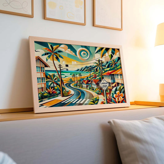 Lanikai Loop Wall Art Cubism Print – Oahu Hawaii Travel Poster, Housewarming & Hawaii Gift, Modern Travel Art Decor