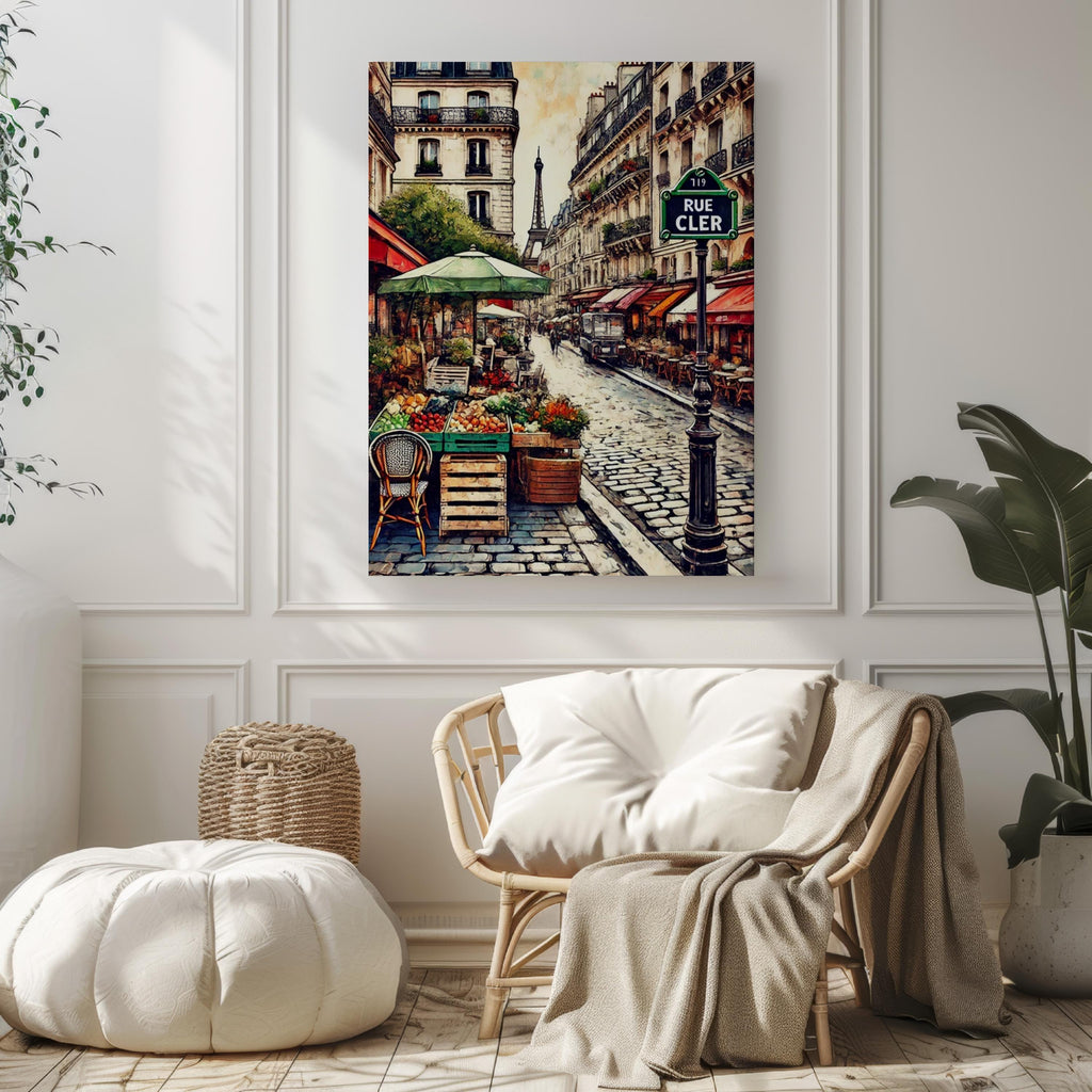 Paris Rue Cler Wall Art Print - French Travel Poster, Parisian Street Scene,