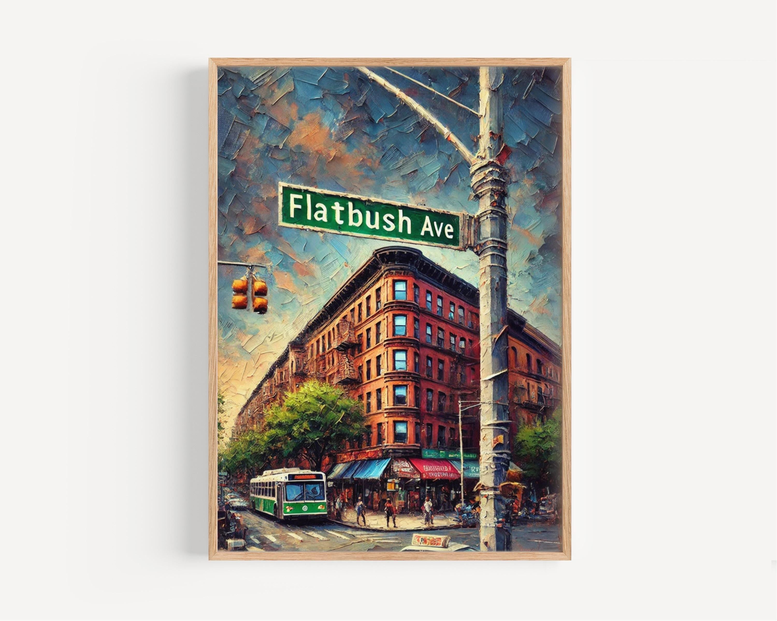 Flatbush Avenue Oil Painting Art Print: Brooklyn NYC Street Sign Travel Poster