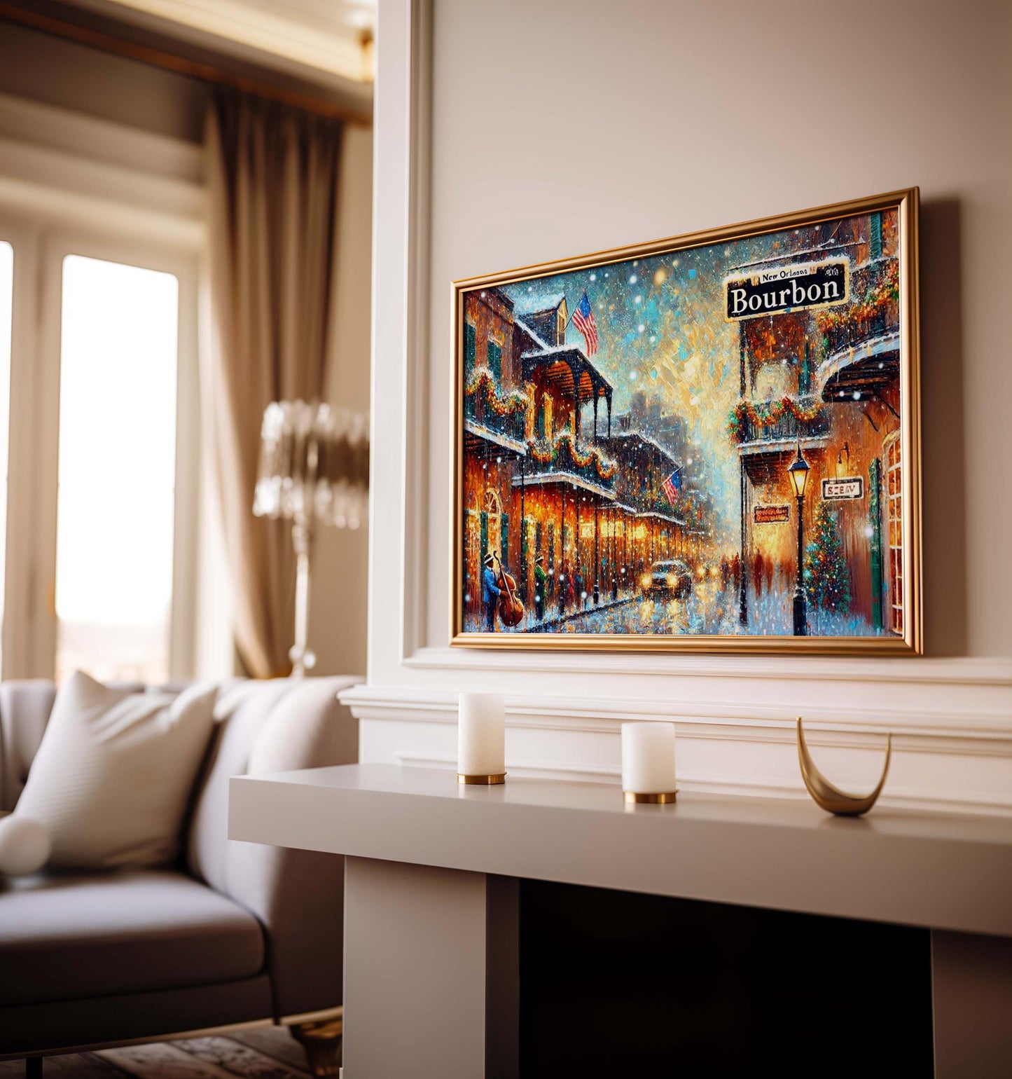 Bourbon Street Christmas Art Print – New Orleans Holiday Wall Decor, Festive French Quarter Scene