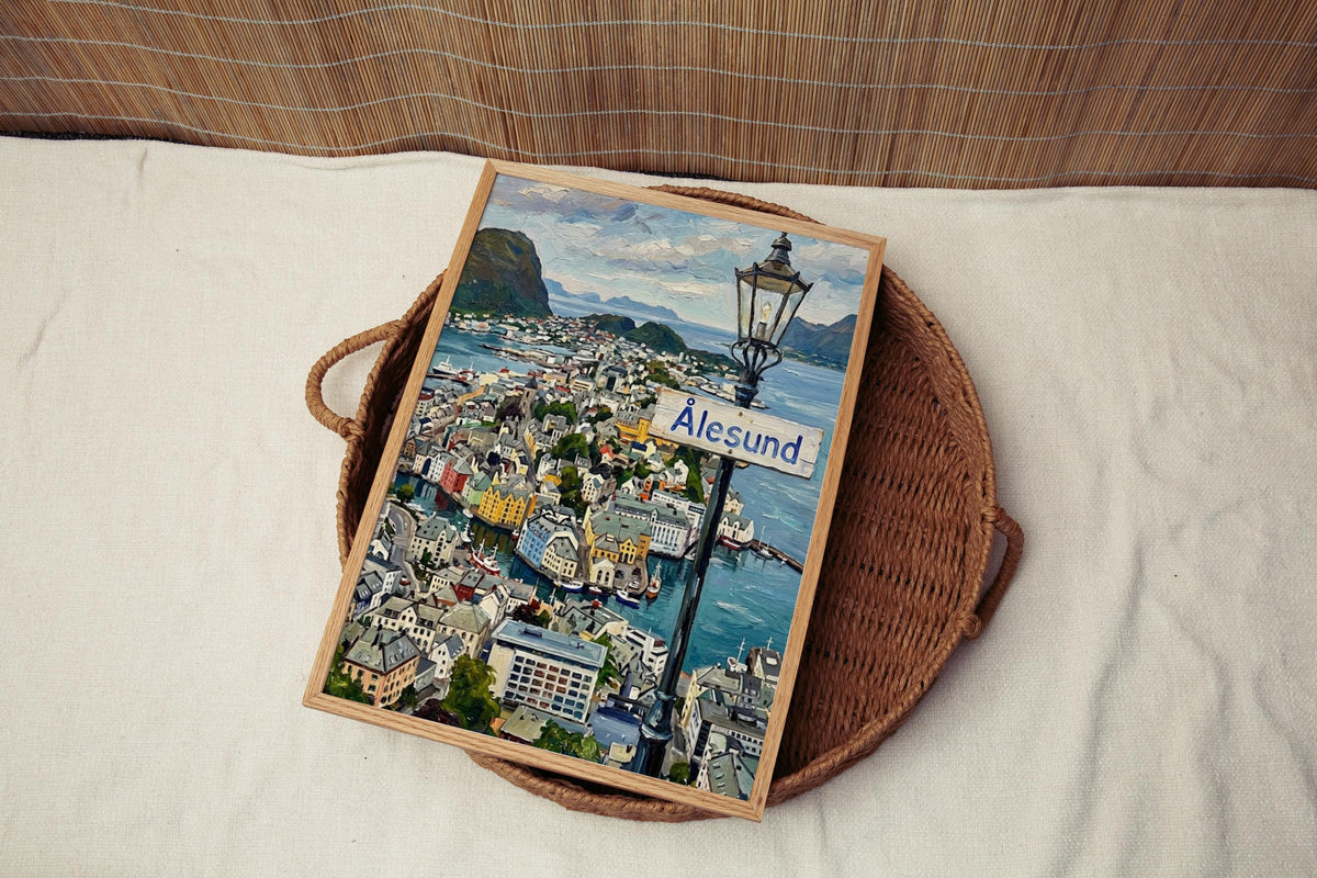 Alesund Oil Painting Art Print: Norway Coastal Street Sign Travel Poster