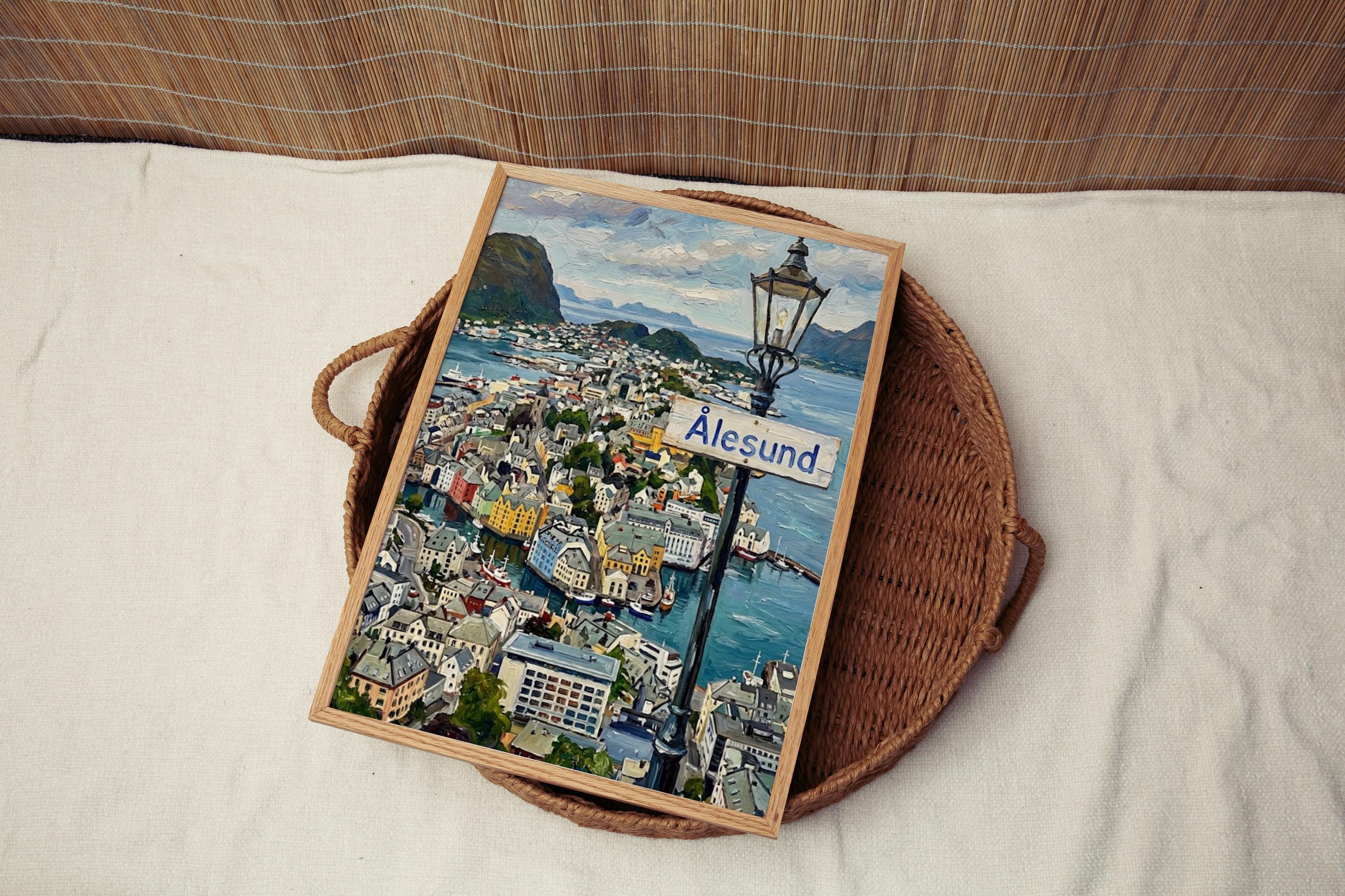 Alesund Oil Painting Art Print: Norway Coastal Street Sign Travel Poster