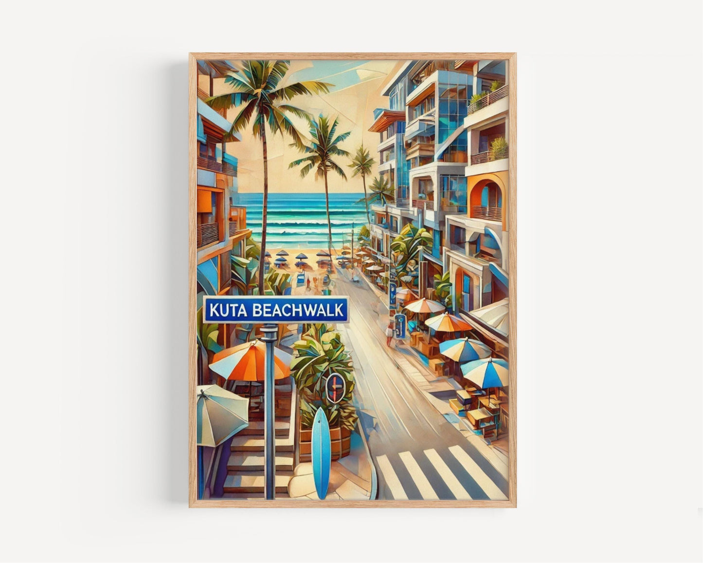 Bali Kuta Beachtown Wall Art Print – Travel Poster, Indonesia Souvenir, Housewarming Gift, Bali Decor, Tropical Beach Illustration