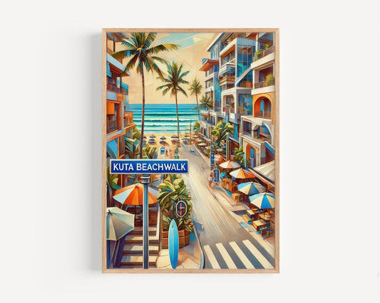 Bali Kuta Beachtown Wall Art Print – Travel Poster, Indonesia Souvenir, Housewarming Gift, Bali Decor, Tropical Beach Illustration