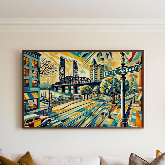 Naito Parkway Wall Art Cubism Print - Portland Oregon Travel Poster, Modern Housewarming Gift, Unique Oregon Gift Decor