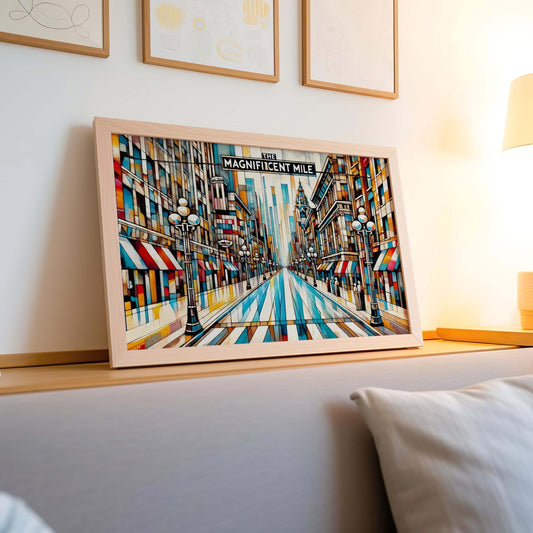 Magnificent Mile Wall Art - Chicago Cubism Print Travel Poster, Unique Housewarming Gift & City Souvenir Decor