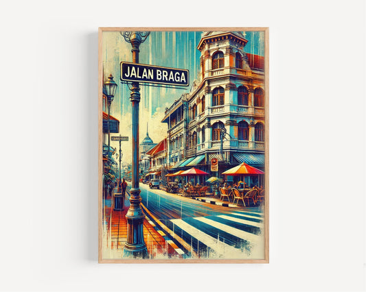 Jalan Braga Wall Art Print - Bandung Travel Poster, Indonesia Gift, Housewarming Decoration, Vintage Style Indonesia Art