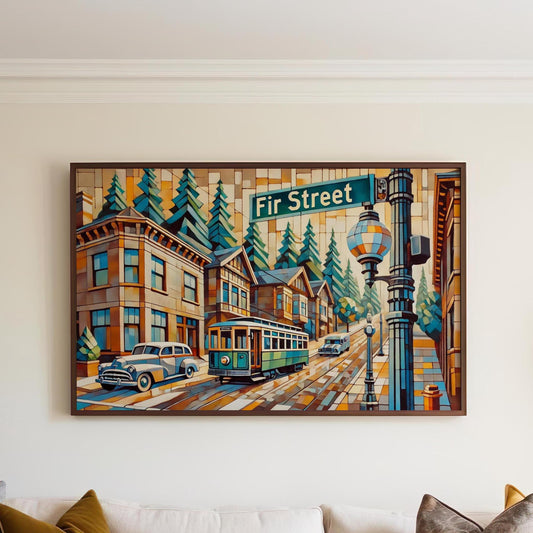 Fir Street Wall Art Print - Portland Oregon Travel Poster, Housewarming Decor & Oregon Souvenir Cityscape Illustration