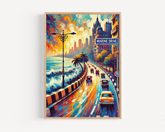 Mumbai Marine Drive Wall Art Print - Travel Poster, India Artwork, Housewarming Gift, Coastal City Decor, Marine Drive Mumbai Gift