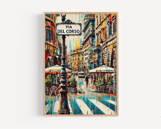 Via del Corso Wall Art Print - Rome Travel Poster, Italy Gift, Italian Home Decor, Vintage Style Housewarming & Travel Print