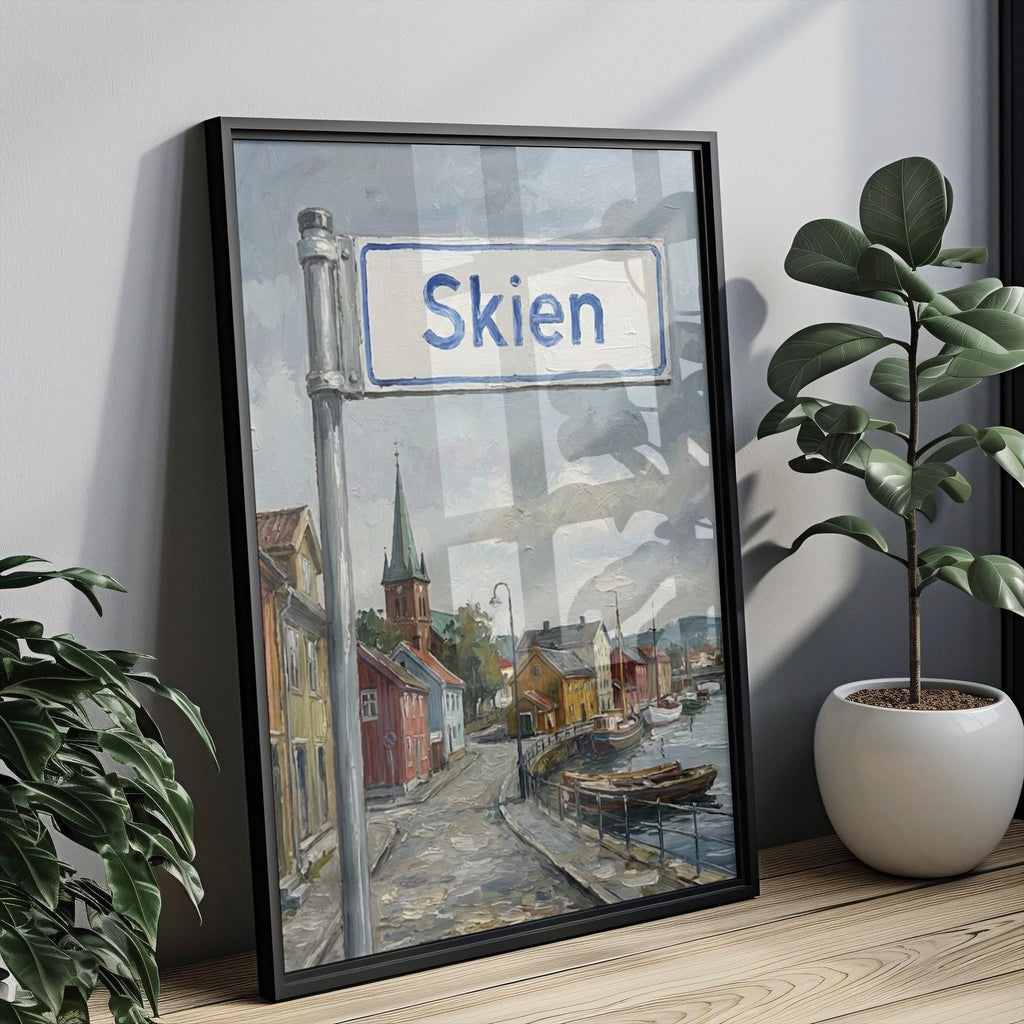 Skien Oil Painting Art Print: Norway Riverside Street Sign Travel Poster