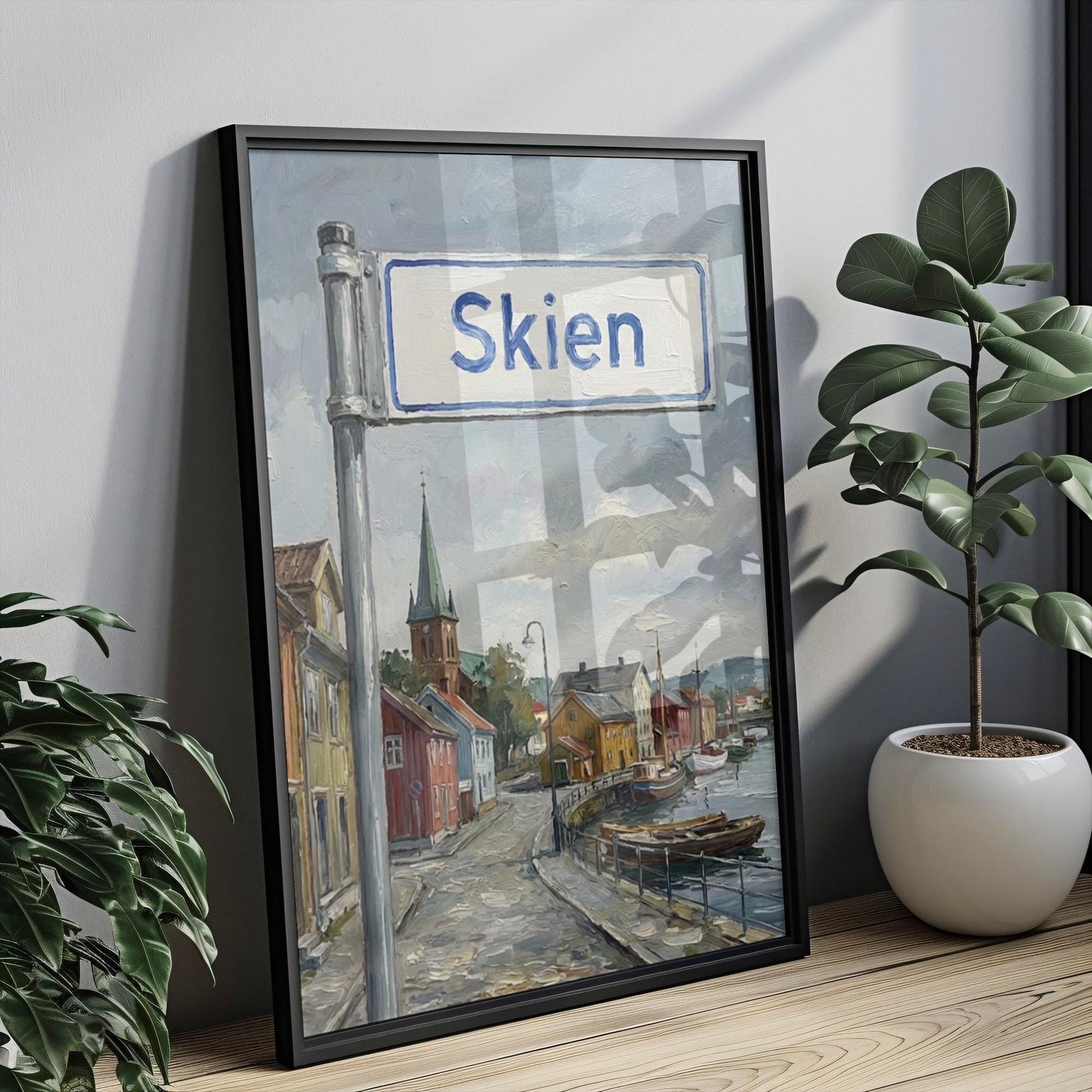 Skien Oil Painting Art Print: Norway Riverside Street Sign Travel Poster