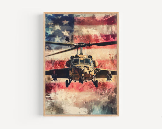 Vintage Army Helicopter Wall Art | USA Patriotic Poster | American Independence Home Decor | United States Military Aviation Print