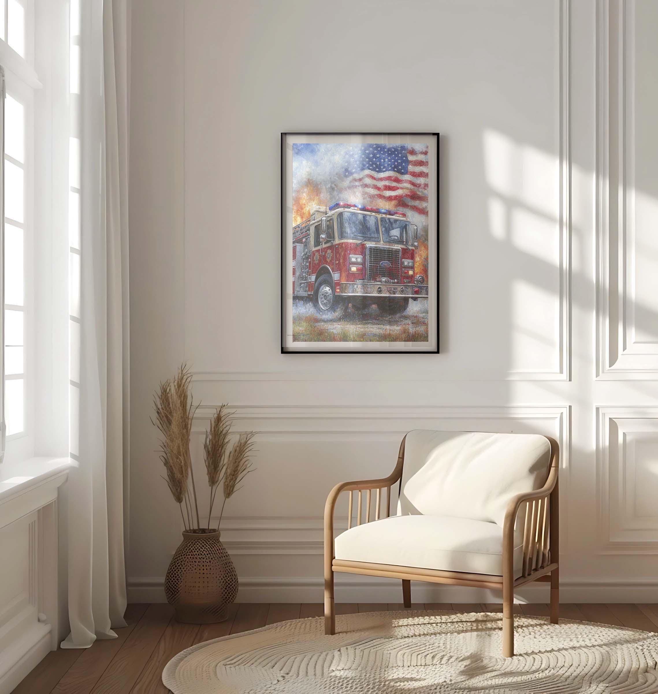 American Firetruck Wall Art Patriotic - USA