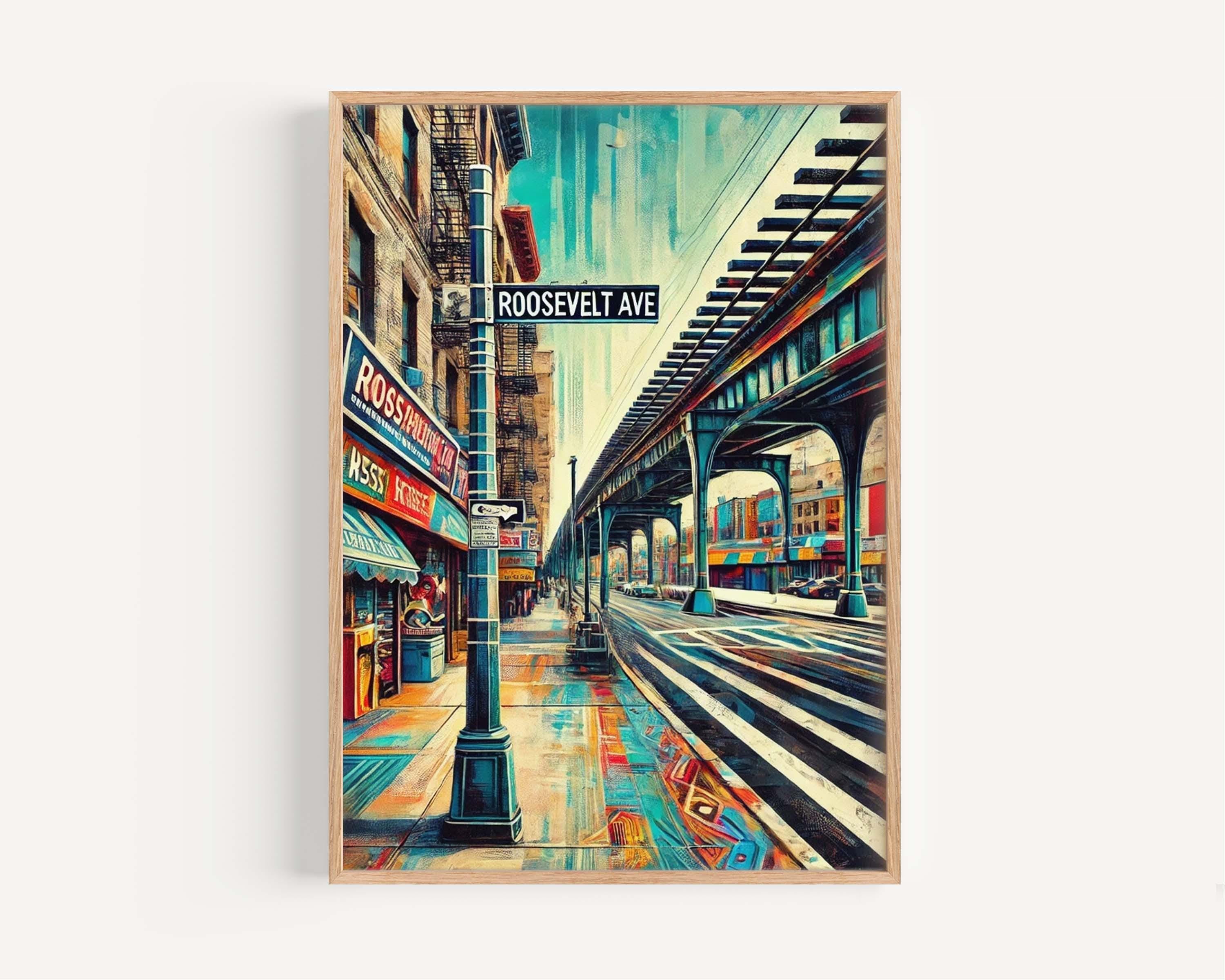 Roosevelt Ave Print - Queens Travel Poster, New York Wall Art, Housewarming Gift, NYC Map Decor, Roosevelt Avenue Artwork, Queens Gift Idea