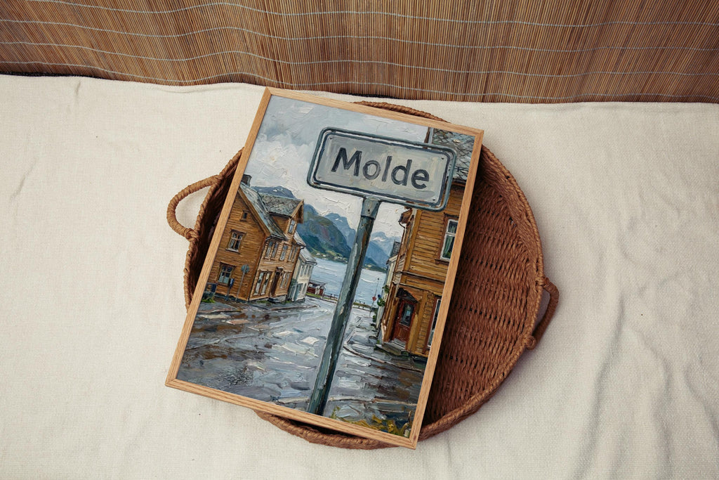 Molde Oil Painting Art Print: Norway Fjord Street Sign Travel Poster