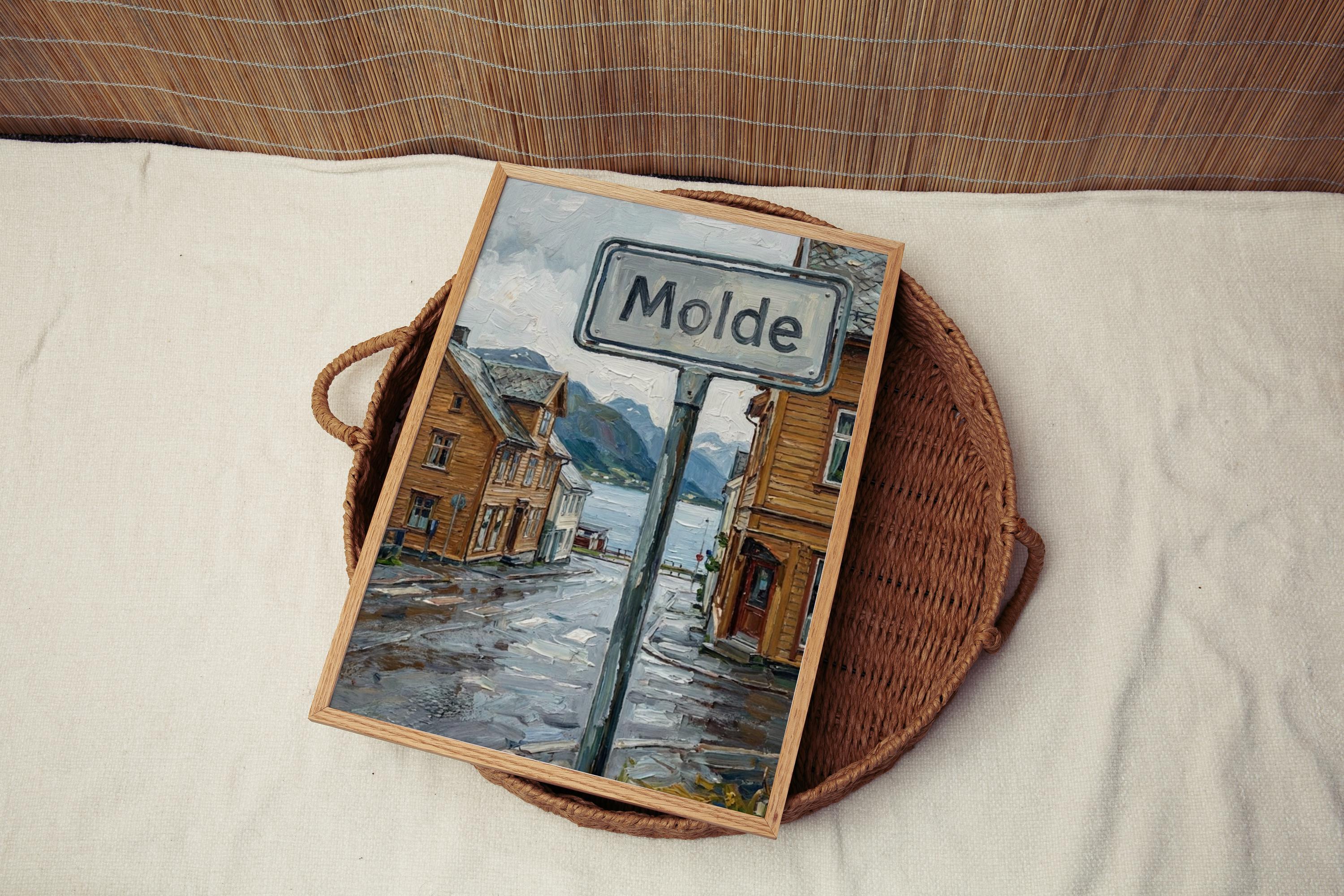 Molde Oil Painting Art Print: Norway Fjord Street Sign Travel Poster