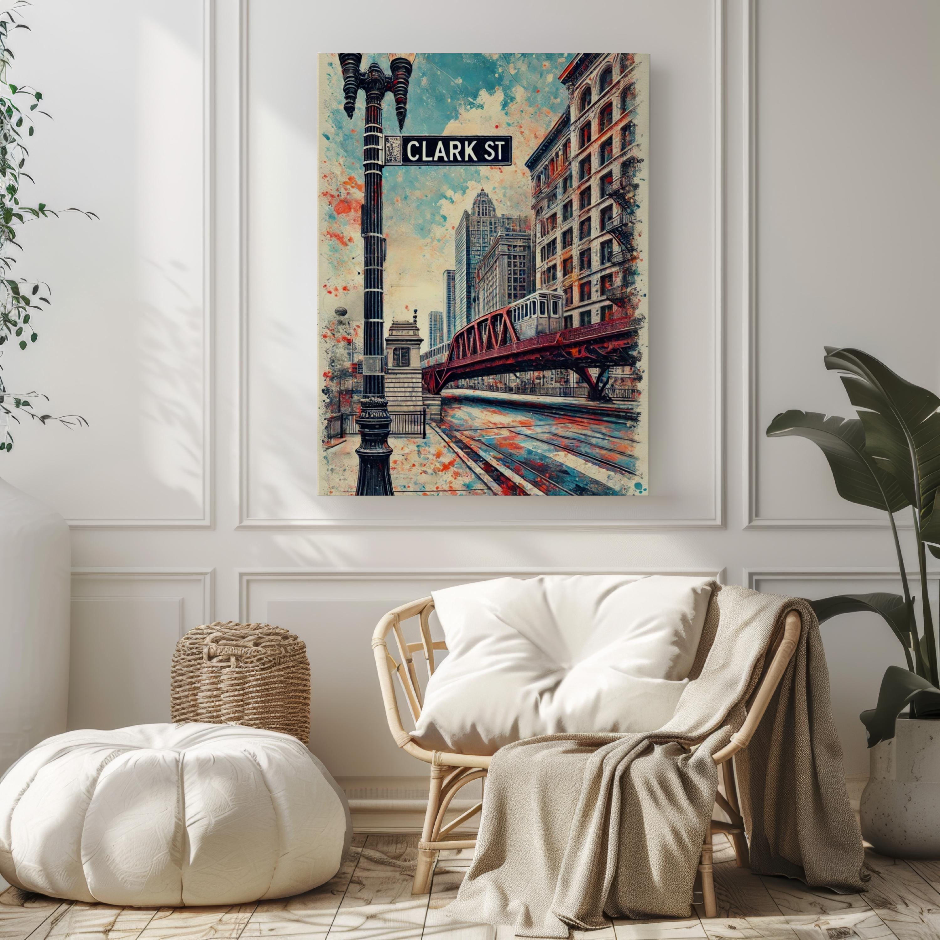 Chicago Clark Street Wall Art, Travel Print & Poster, Illinois Home Decor, Chicago Gift, Housewarming Artwork, Modern Cityscape Illustration