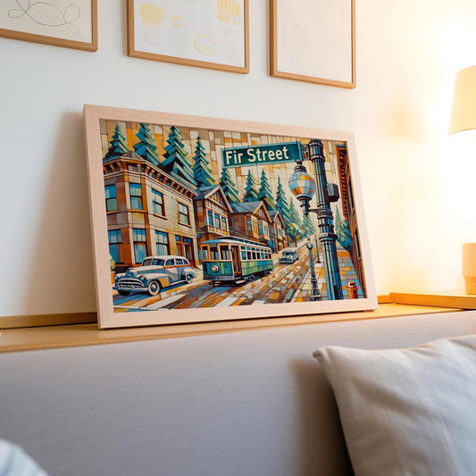 Fir Street Wall Art Print - Portland Oregon Travel Poster, Housewarming Decor & Oregon Souvenir Cityscape Illustration