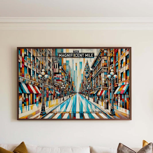 Magnificent Mile Wall Art - Chicago Cubism Print Travel Poster, Unique Housewarming Gift & City Souvenir Decor