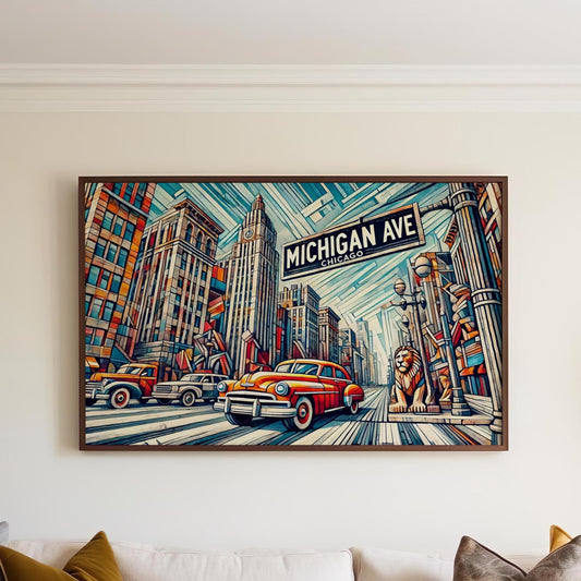 Michigan Avenue Wall Art - Cubism Chicago Print, Illinois Travel Poster, Modern Michigan Gift, Housewarming Decor, Unique Cityscape Artwork