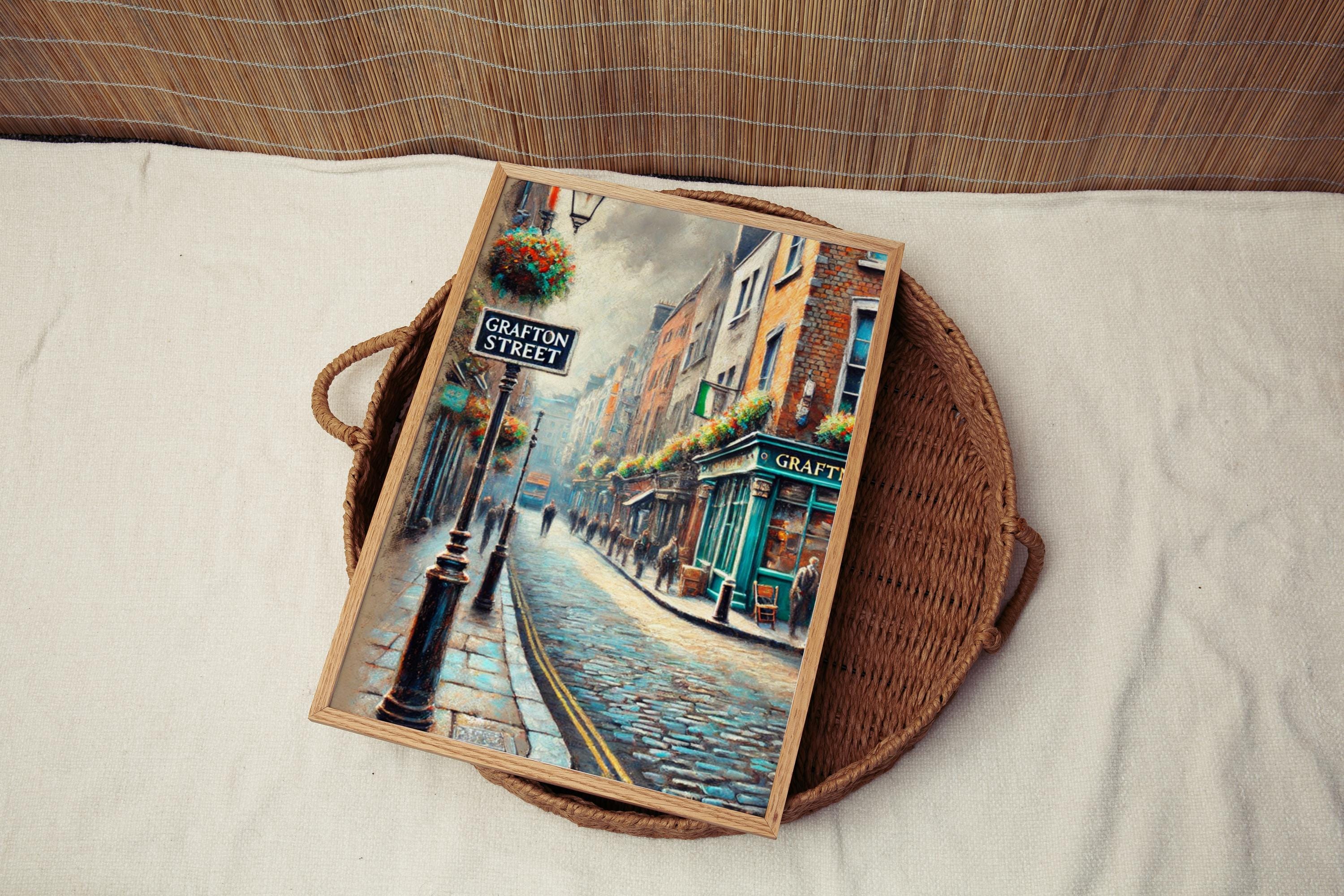 Grafton Street Oil Painting Art Print: Ireland Street Sign Travel Poster