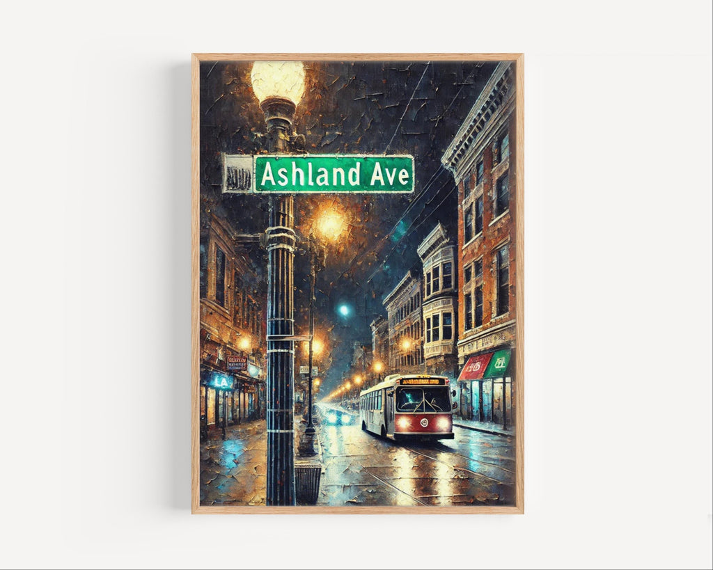 Ashland Ave Oil Painting Art Print: Chicago Street Sign Travel Poster