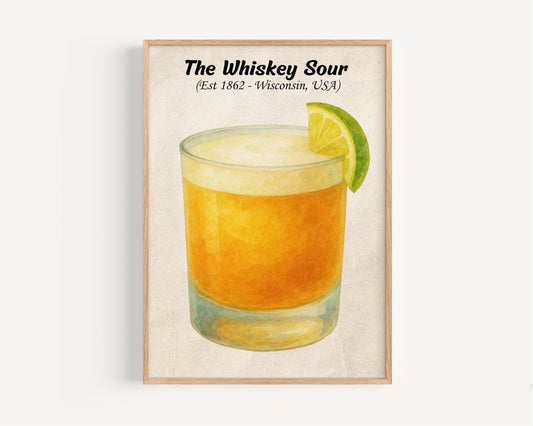 Whiskey Sour Cocktail Artwork, Drink Illustration, Bar Wall Decor, Vintage Style, Liquor Art, Home Bar Decor, Gift for Cocktail Lovers