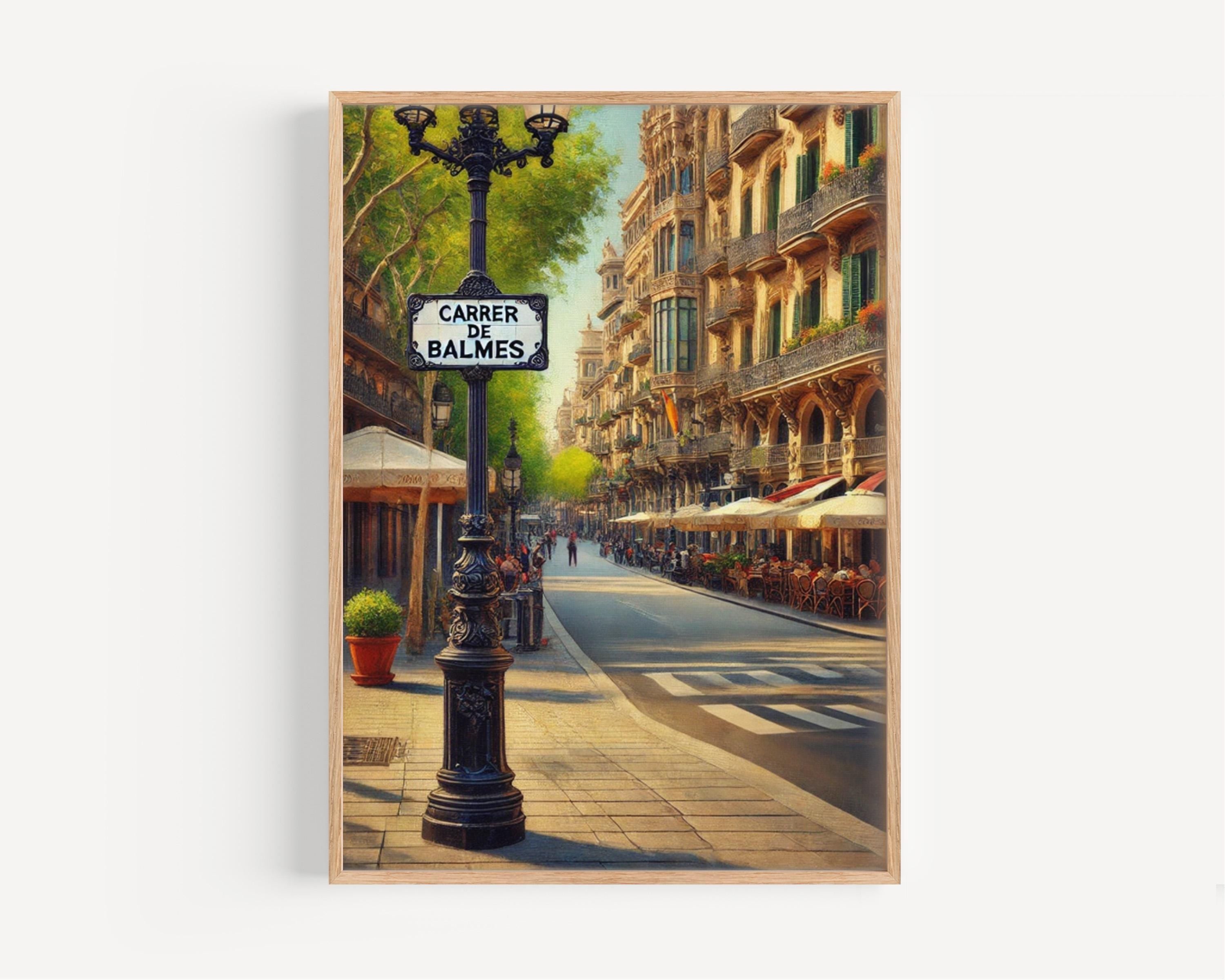 Barcelona Carrer de Balmes Wall Art Print - Travel Poster & Spain Gift - Rustic Housewarming Decor, Barcelona Cityscape Illustration