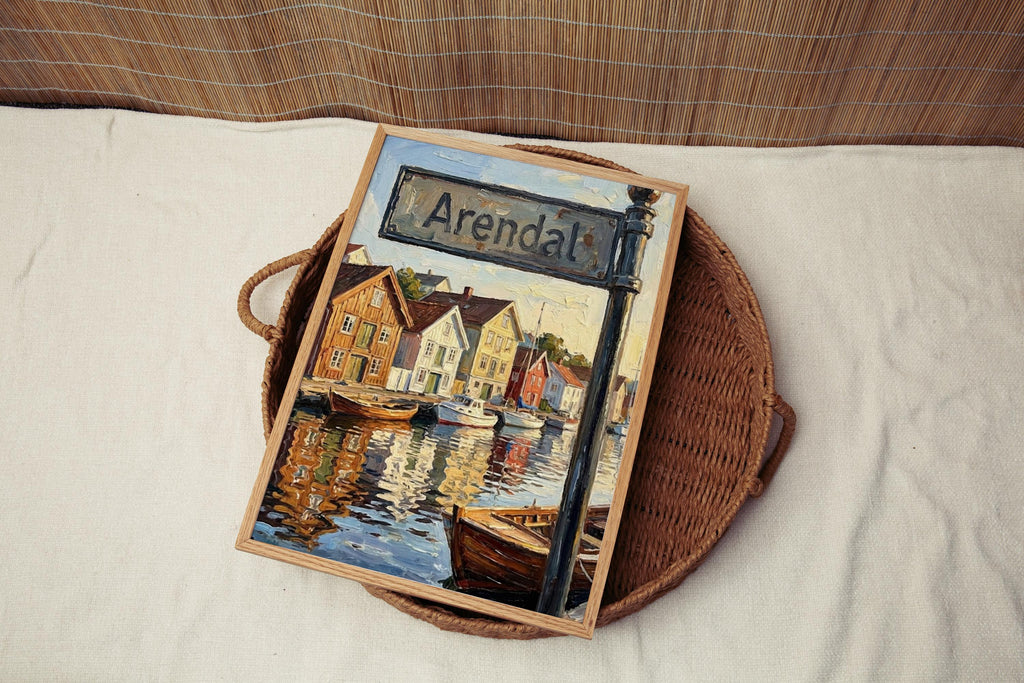 Arendal Oil Painting Art Print: Norway Coastal Street Sign Travel Poster