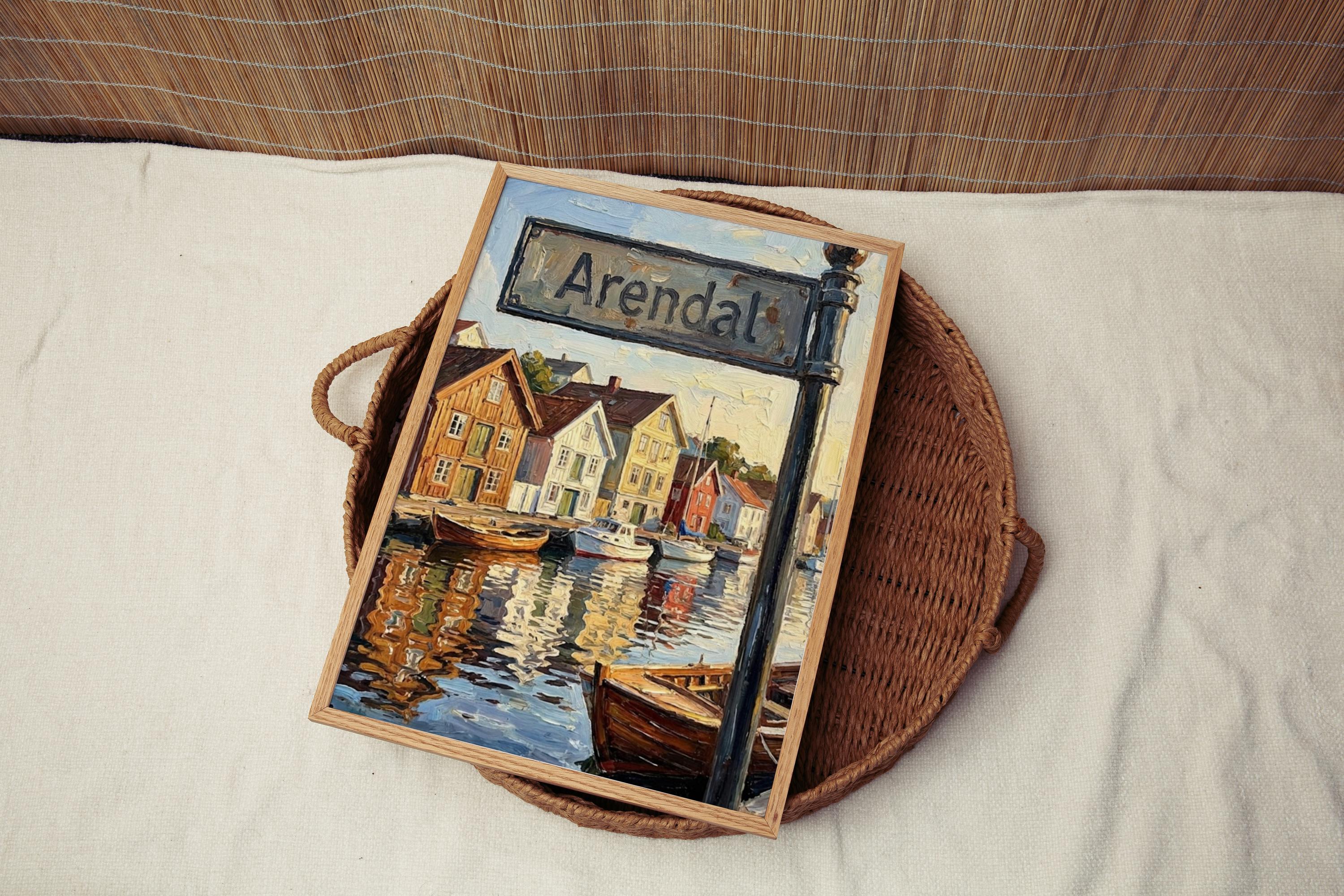 Arendal Oil Painting Art Print: Norway Coastal Street Sign Travel Poster