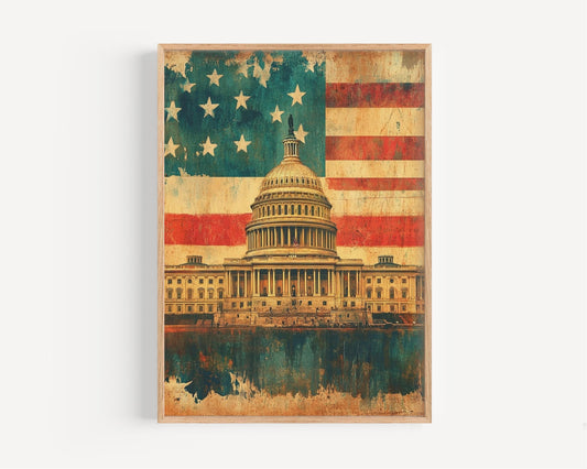 American Capitol Wall Art | Abstract USA Patriotic Poster | United States Independence Home Decor | Modern American Flag Artwork