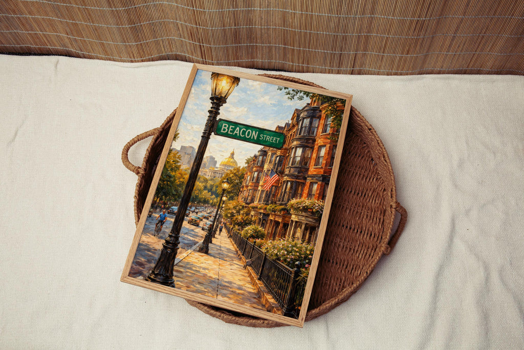 Beacon Street Oil Painting Art Print: Boston Historic Neighborhood Travel Poster