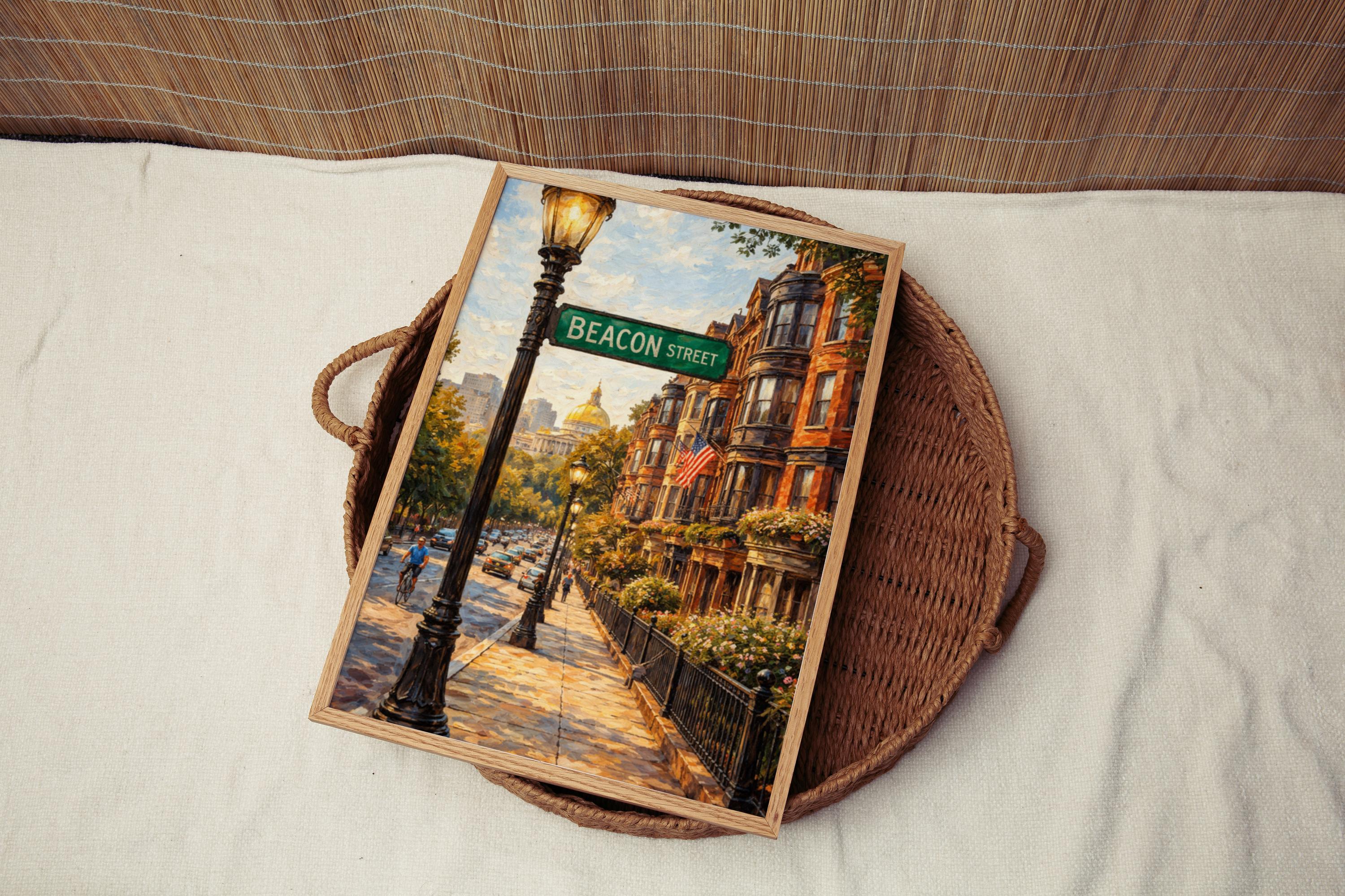 Beacon Street Oil Painting Art Print: Boston Historic Neighborhood Travel Poster