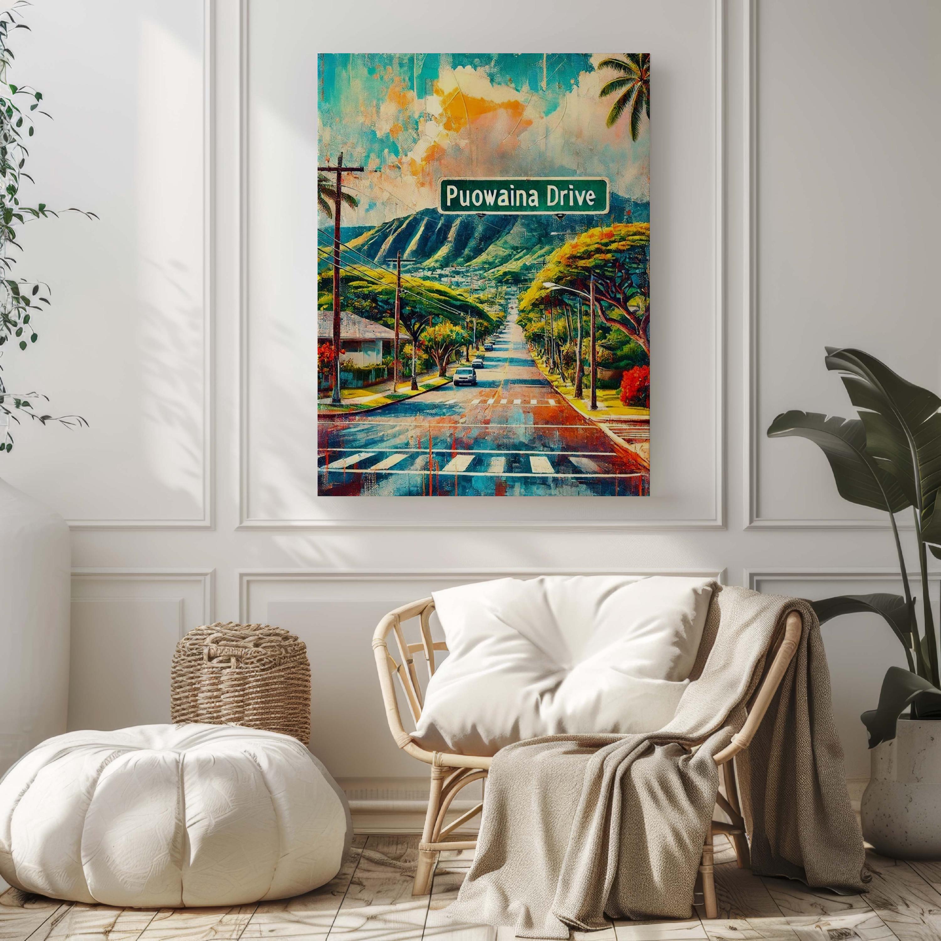 Puowaina Drive Print - Oahu Travel Poster, Hawaii Art, Honolulu Gift, Puowaina Drive Wall Art, Housewarming Gift, Tropical Home Decor
