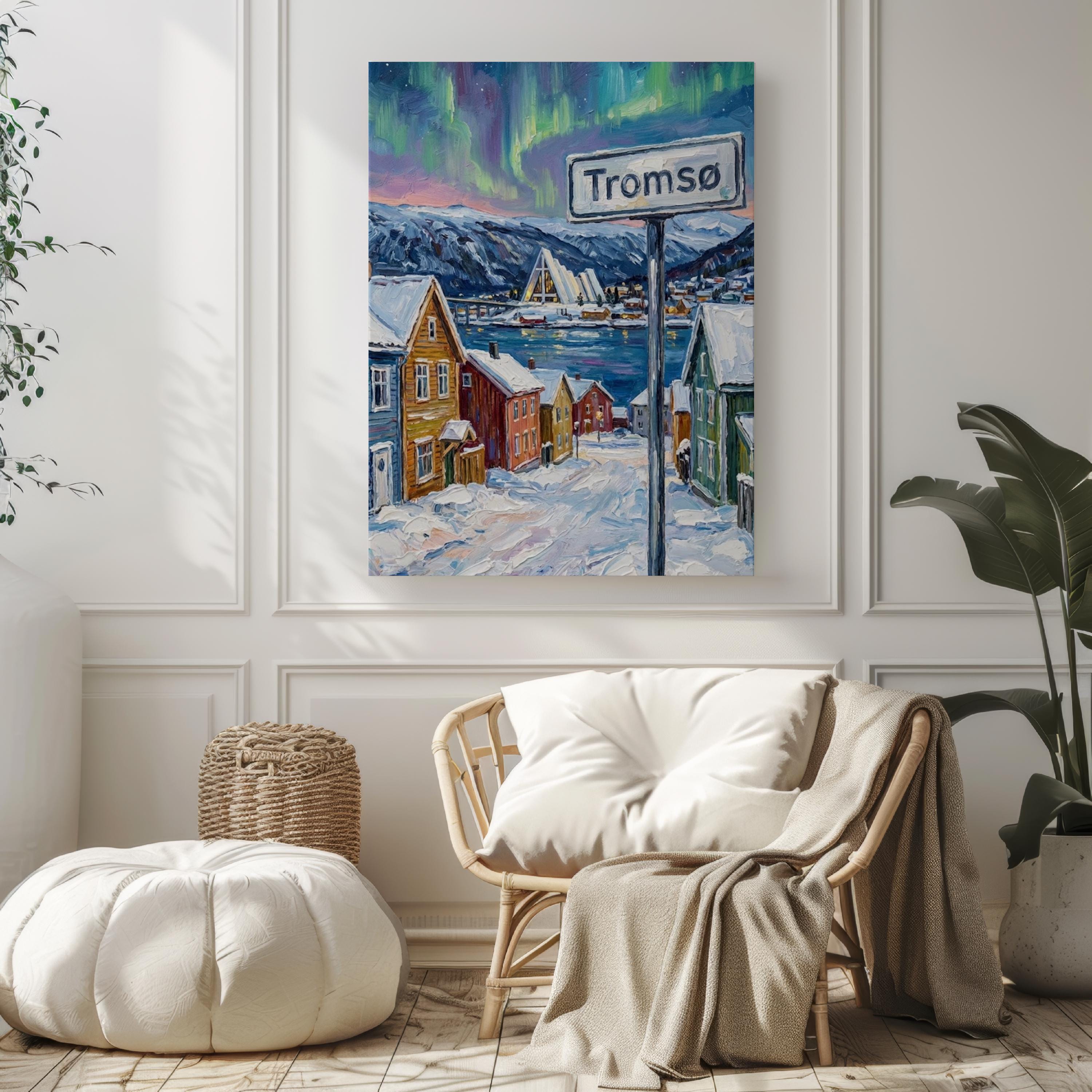 Tromsø Oil Painting Art Print: Norway Arctic Street Sign Travel Poster