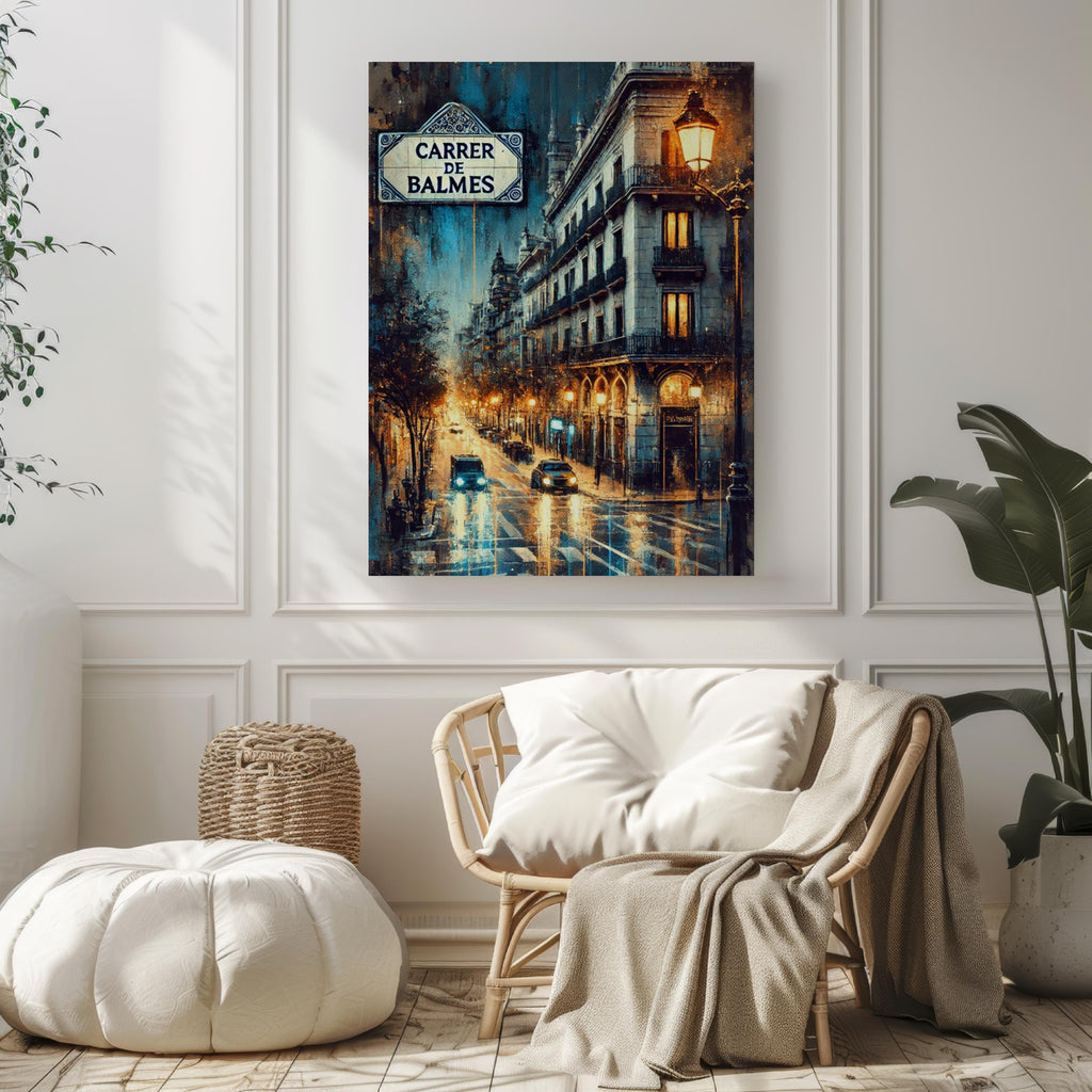 Carrer de Balmes Oil Painting Art Print: Barcelona Spain Street Sign Travel Poster