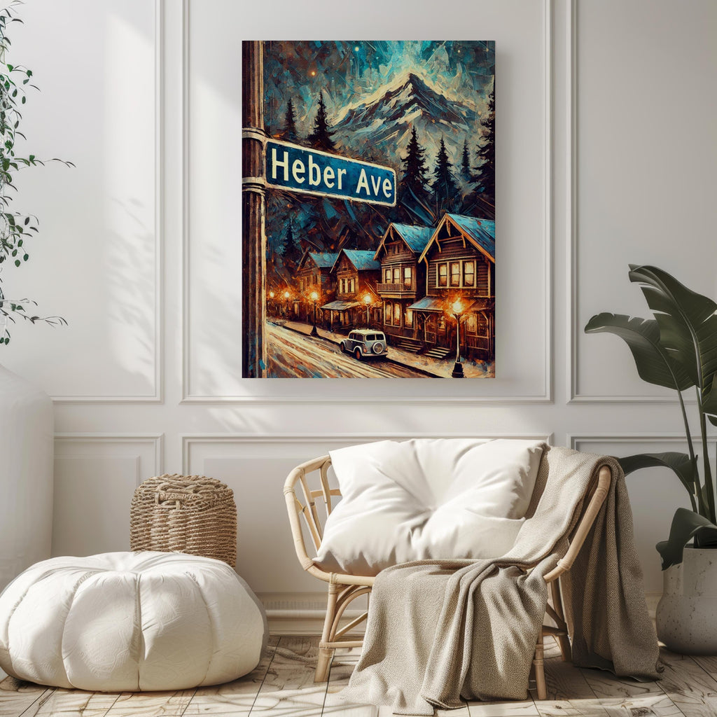 Heber Ave Oil Painting Art Print: Park City Utah Street Sign Travel Poster