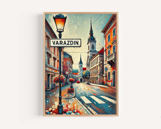 Varazdin Wall Art Print - Croatian City Travel Poster, Europe Art Gift, Housewarming Decor, Varazdin Map Illustration, Croatia Travel Print