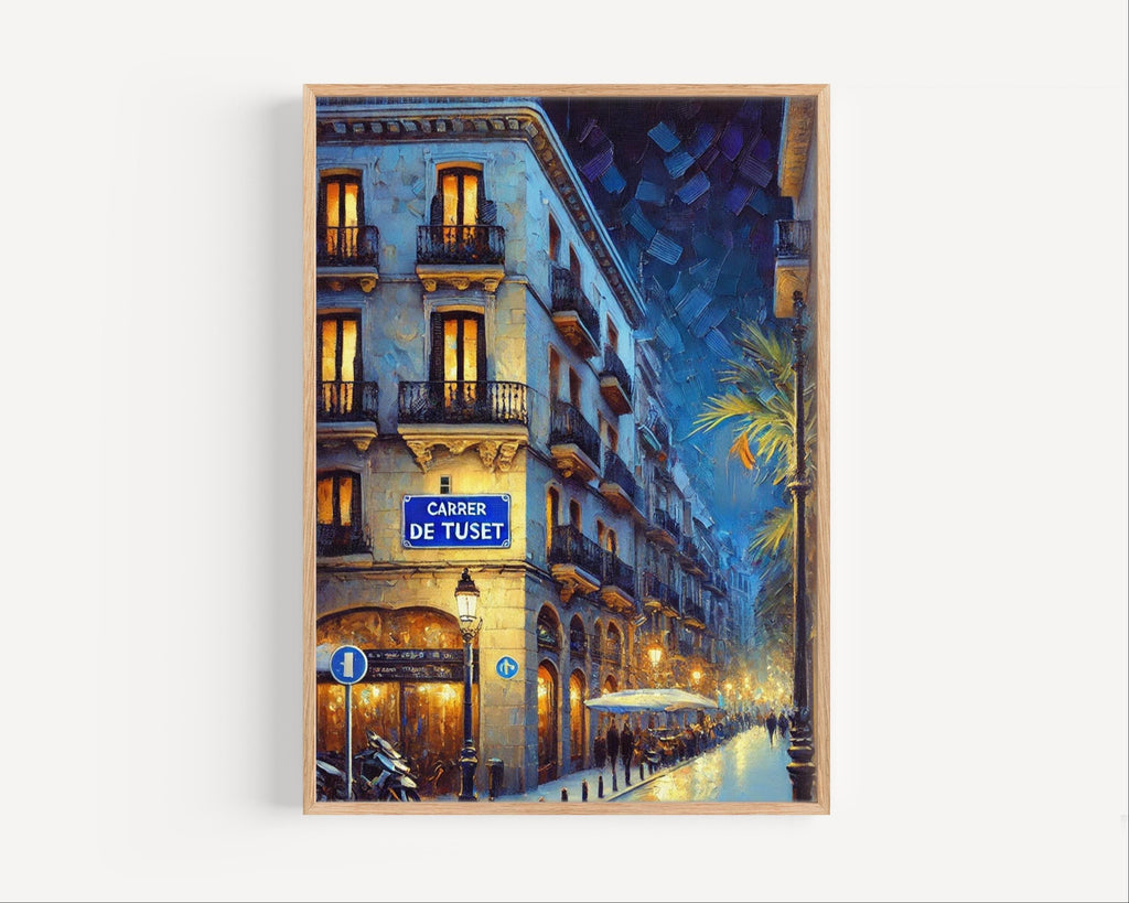 Carrer de Tuset Oil Painting Art Print: Barcelona Spain Street Sign Travel Poster