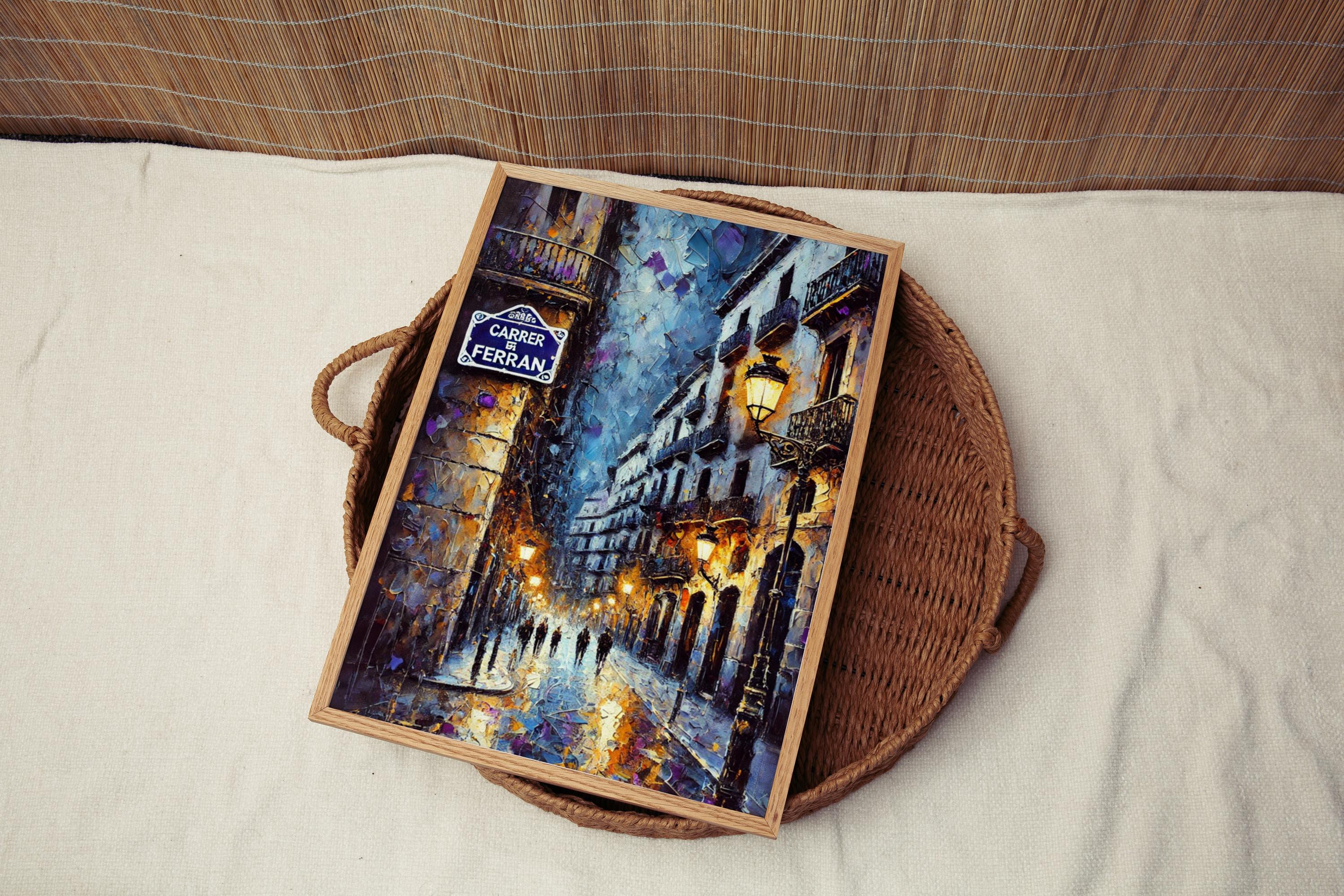 Carrer de Ferran Oil Painting Art Print: Barcelona Spain Street Sign Travel Poster