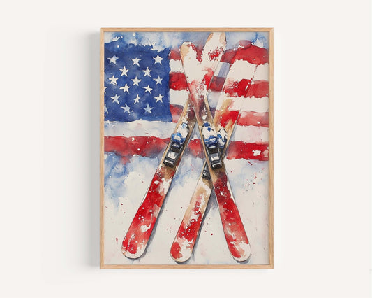 Skiing Artwork USA Poster | Patriotic Wall Art | American Independence Home Decor | Winter United States Ski Print