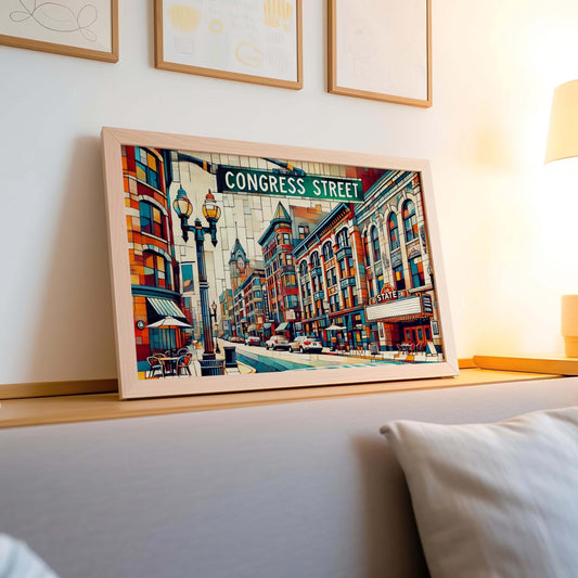 Congress Street Wall Art Print - Portland Maine Travel Poster, Housewarming Gift, Coastal Home Decor, Maine Art Illustration