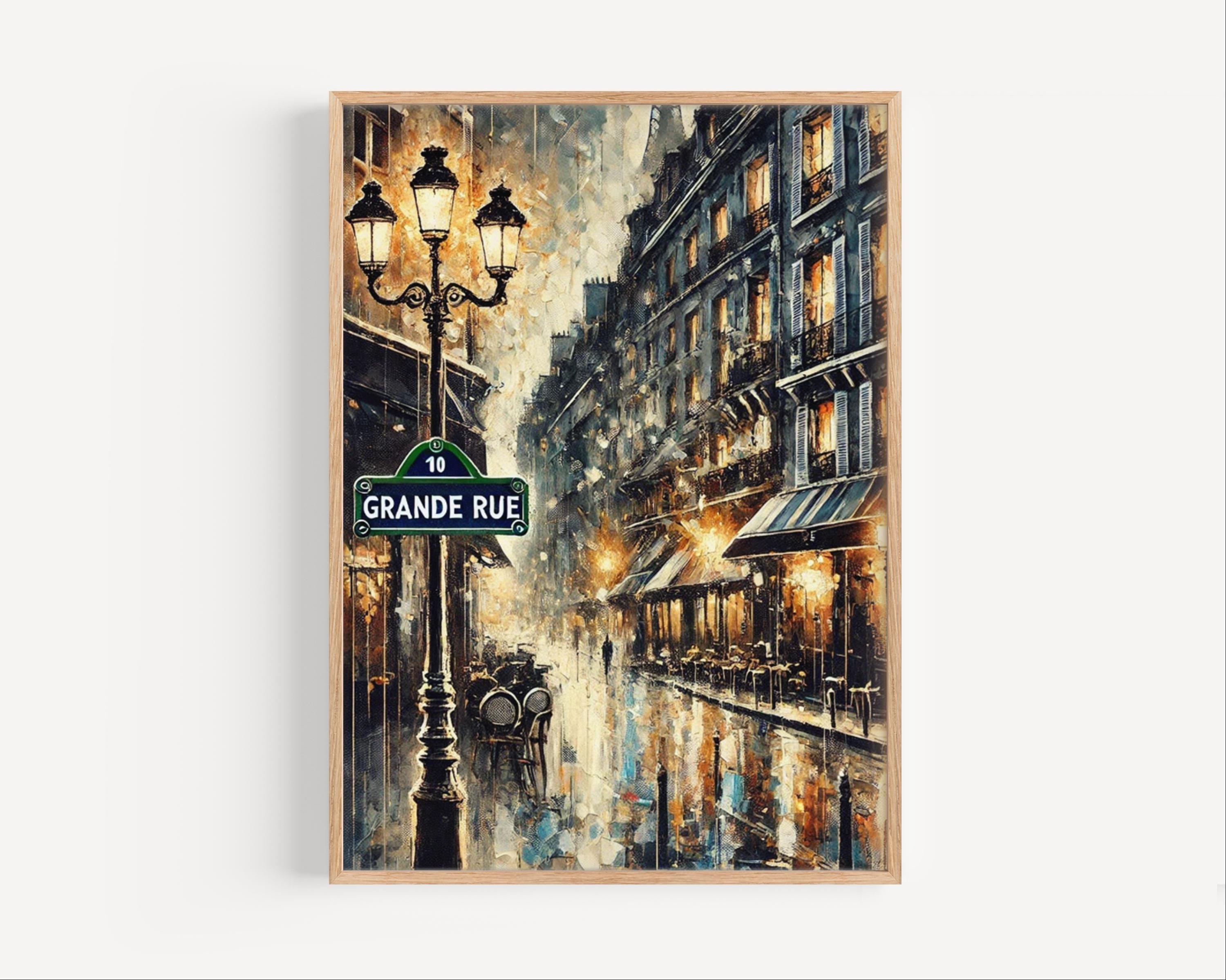 Grand Rue Oil Painting Art Print: Paris France Street Sign Travel Poster
