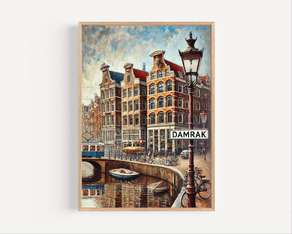 Damrak Oil Painting Art Print: Amsterdam Netherlands Street Sign Travel Poster