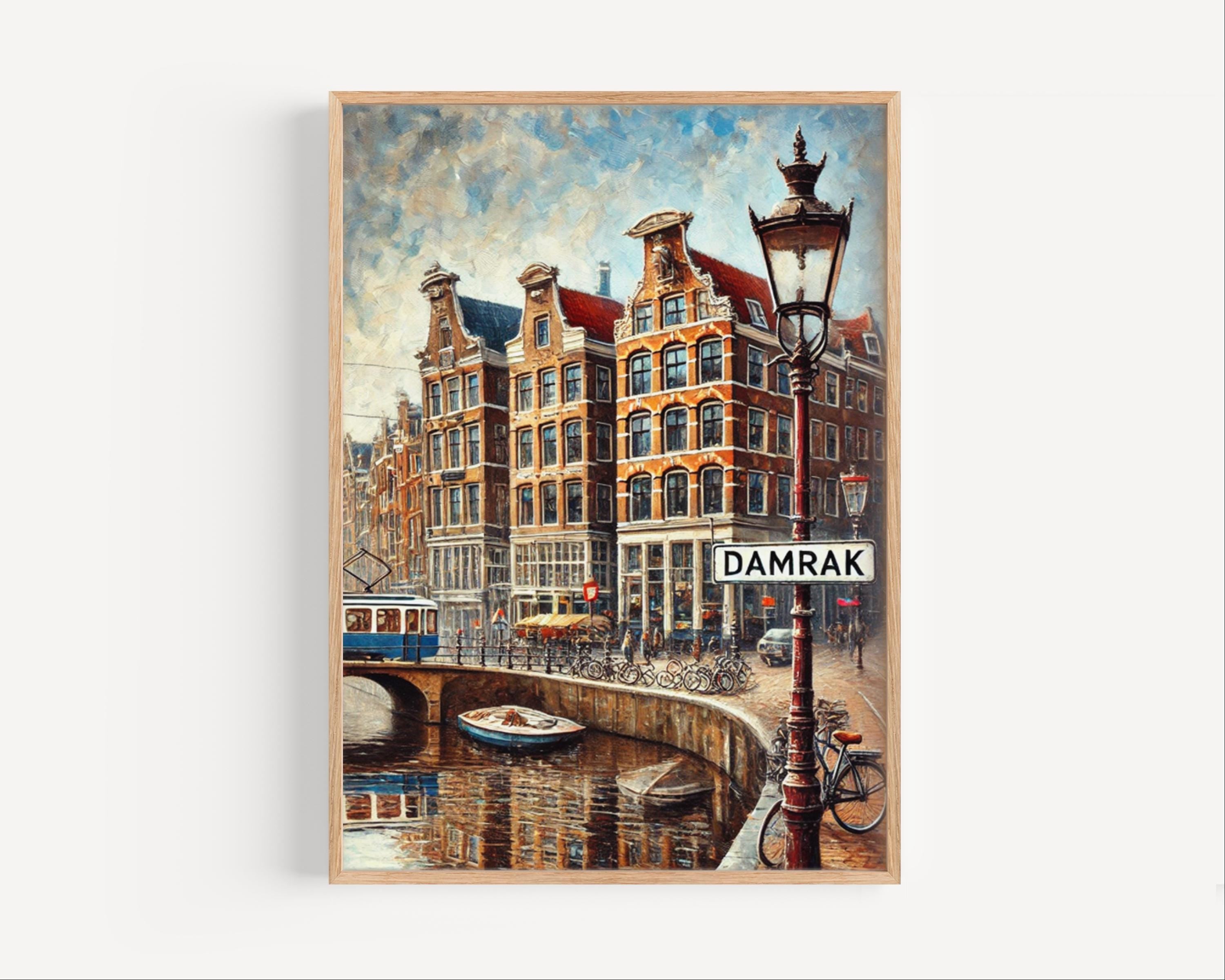 Damrak Oil Painting Art Print: Amsterdam Netherlands Street Sign Travel Poster