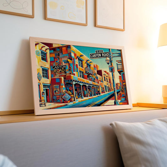Canyon Road Wall Art - Cubism Print, Santa Fe NM Gift, New Mexico Travel Poster, Housewarming & Souvenir Art Decor