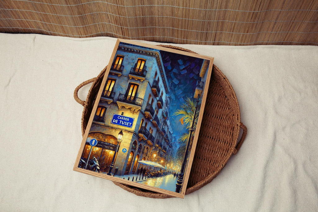Carrer de Tuset Oil Painting Art Print: Barcelona Spain Street Sign Travel Poster